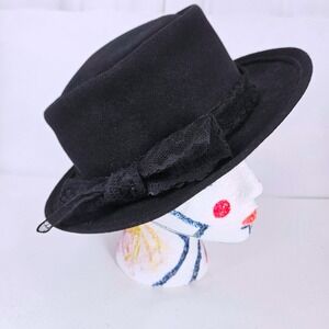 Vintage Black 100% Wool Pork Pie Gambler Hat Lace Bow Band Fedora Dark Academia